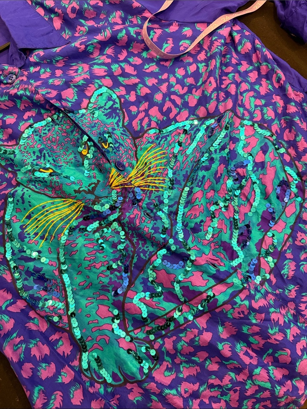 Diane Gilman Wearable Art 100% Silk Sequin Blue Purple Leopard Button up Sz 1X - Picture 6 of 7